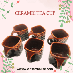 Vins Pack of 6 Ceramic Tea/Coffee/ Chai Cups Square shape Latest Design 120ml (Brown | Multicolor | Cup Set)