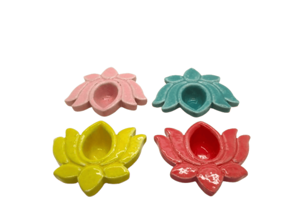  Multicolor Ceramic Lotus Diya | Deepak Oil Lamp | Artistic Puja Article for Home Temple | Festivals and Thoughtful Gifts | Pack of 4