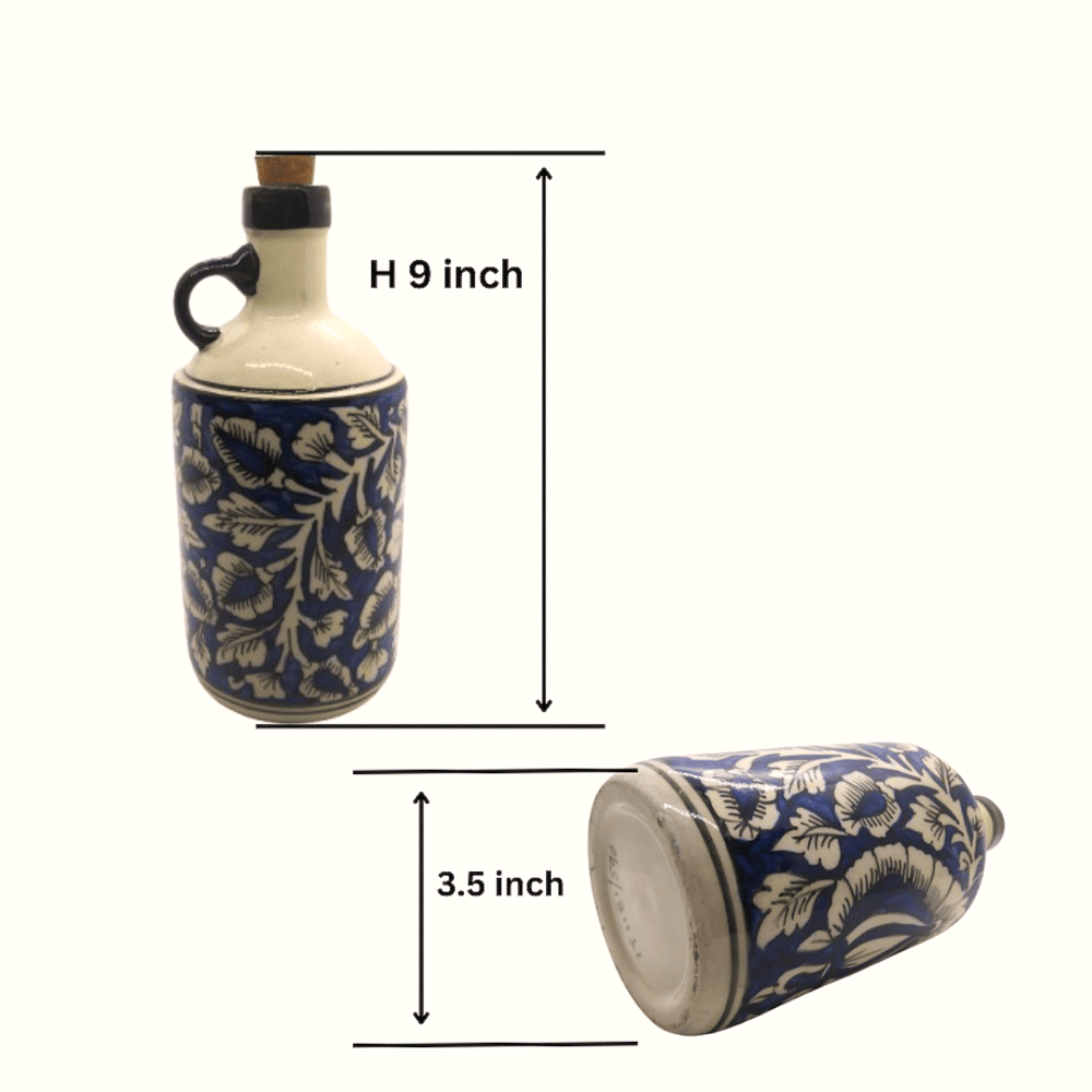 ExclusiveLane The Flowy Flora Mughal Hand Painted Ink Blue Decorative Ceramic Oil Bottle Cooking Oil Dispenser Containers Vinegar Oil Dropper 